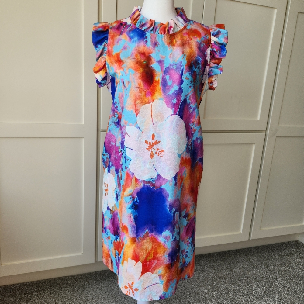 Boho Chic Colorful Floral Mini Dress Ruffles Sleeveless Orange Blue Extra Small